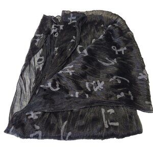 BLACK Grey Lightweight All Season Chinese Characters Crinkle Scarf